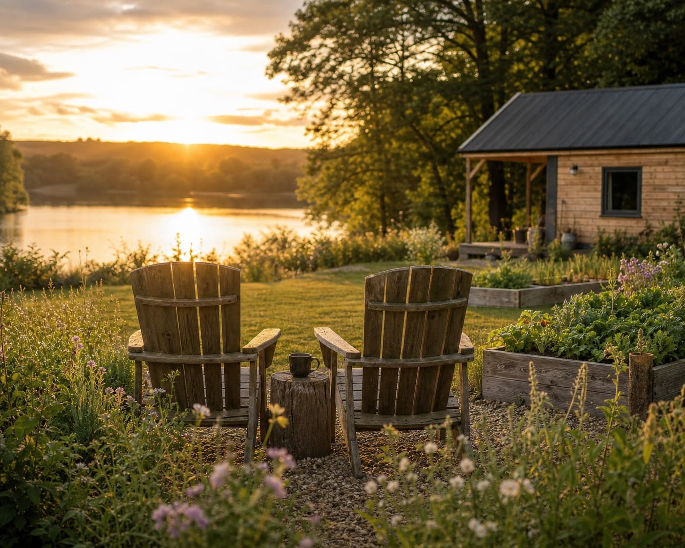 Two chairs side by side beside a lake and garden
