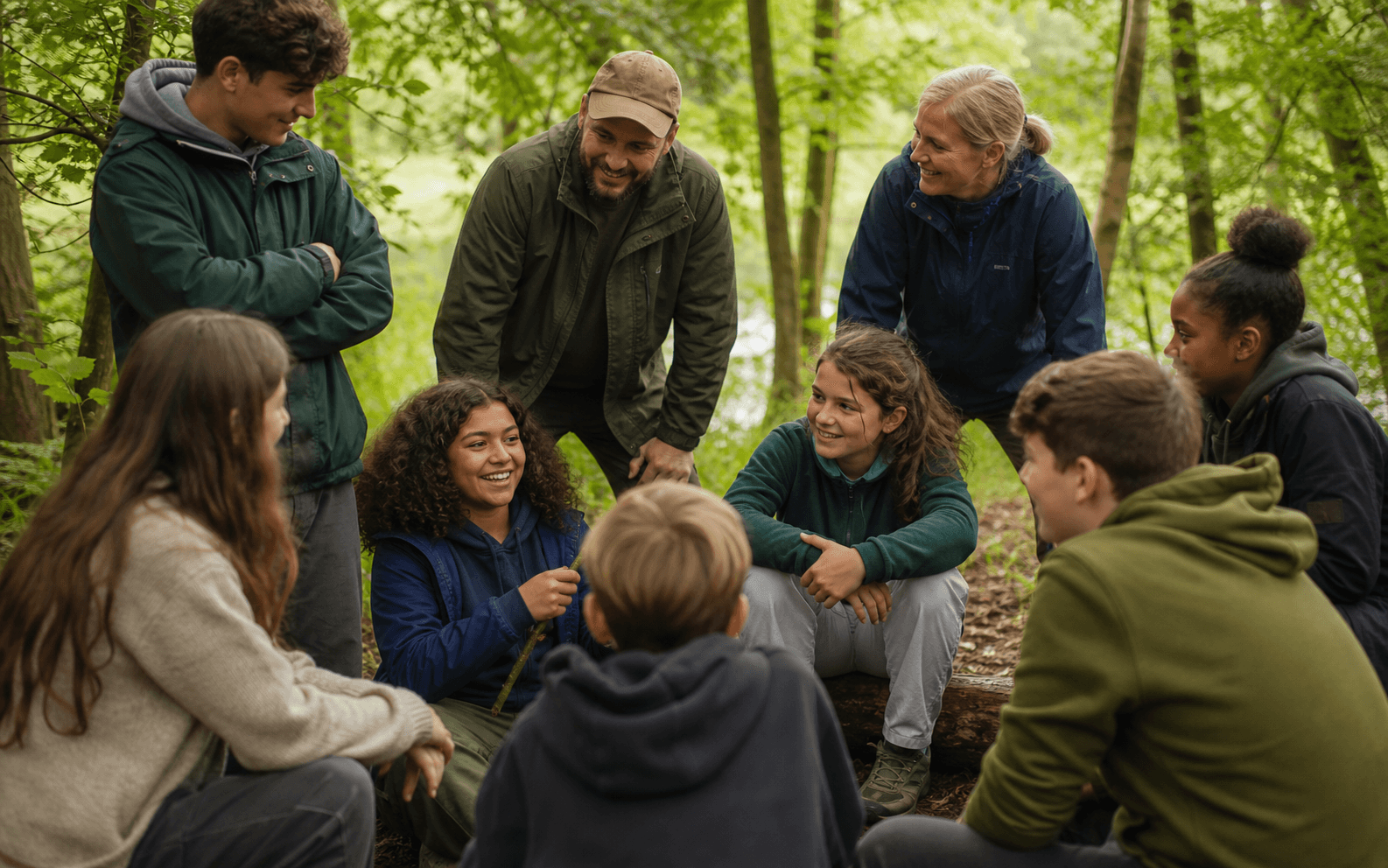 Young people and adult volunteers coming together outdoors in a woodland group