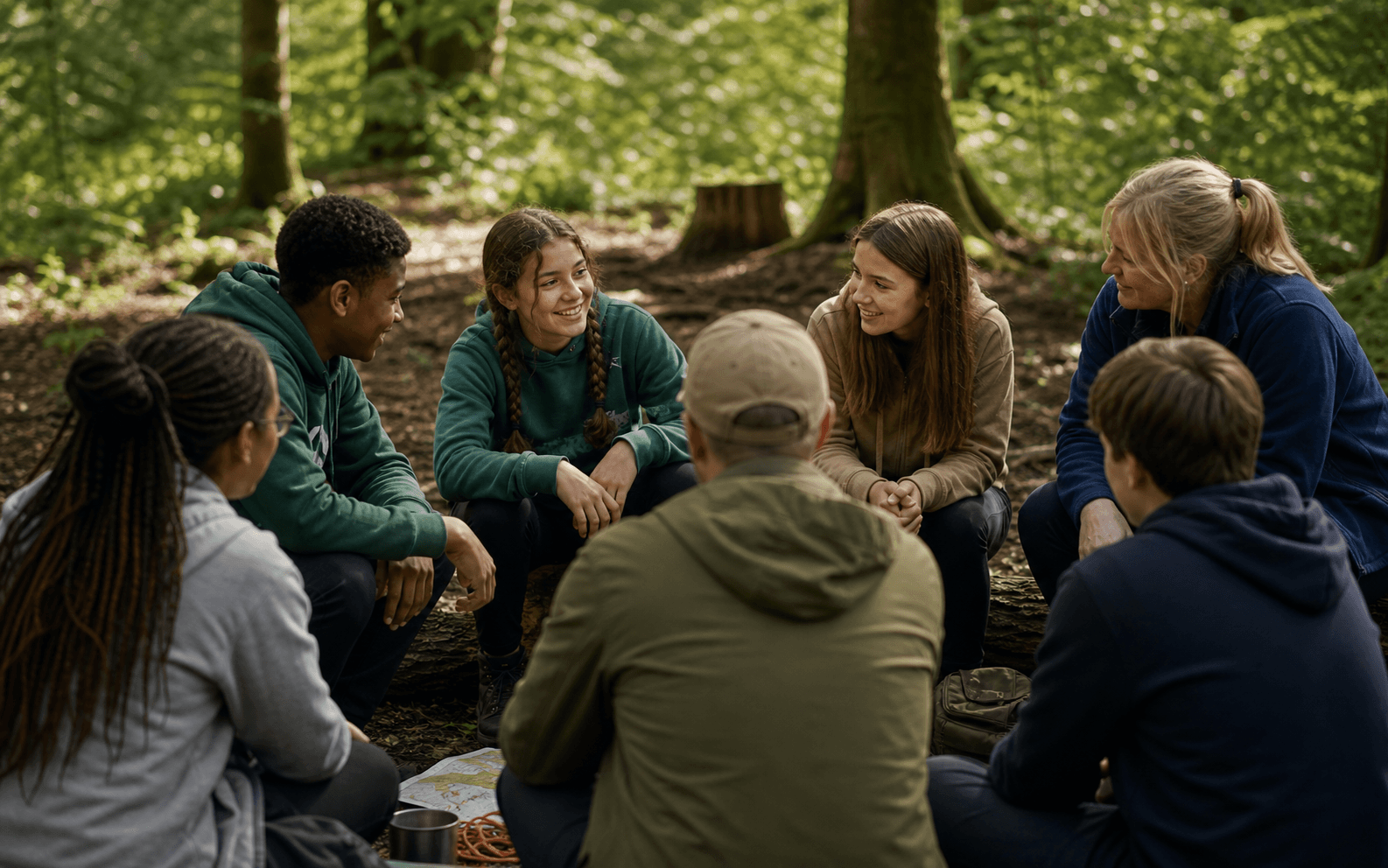 Young people and adult volunteers sitting together in a woodland circle