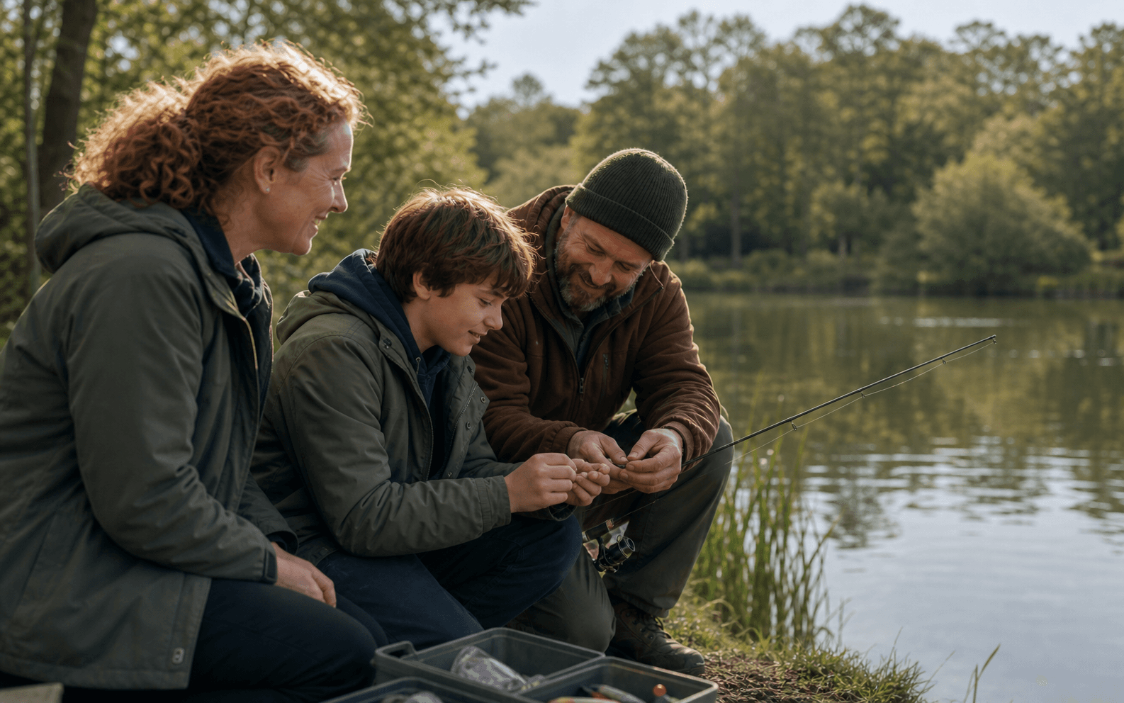 A mentor and family member gently supporting a young person beside a lake
