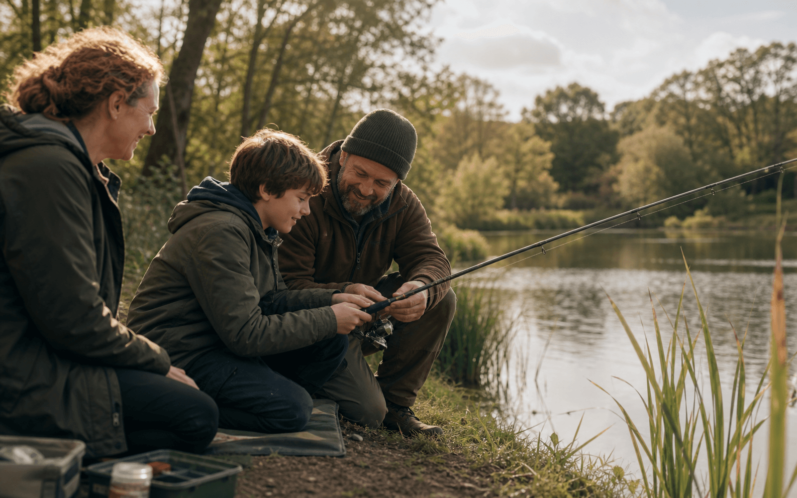 A small group learning to fish together beside calm water