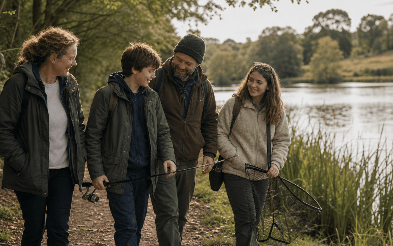 A small group walking and talking beside a lake with light fishing gear