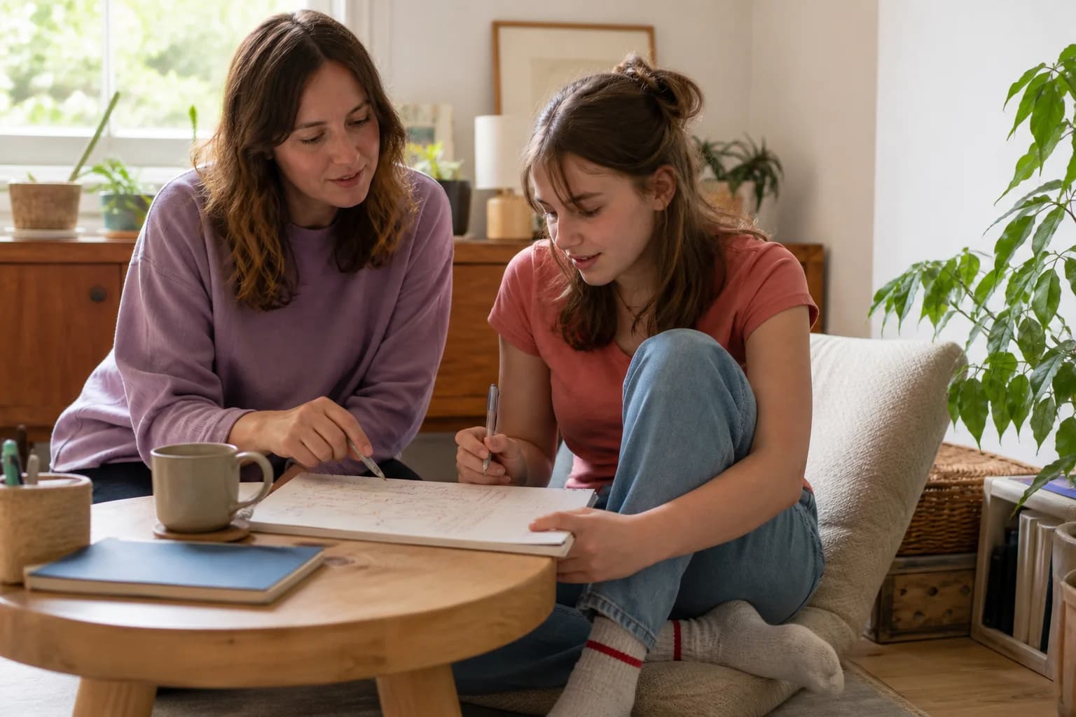 A female tutor supporting a student with an idea map