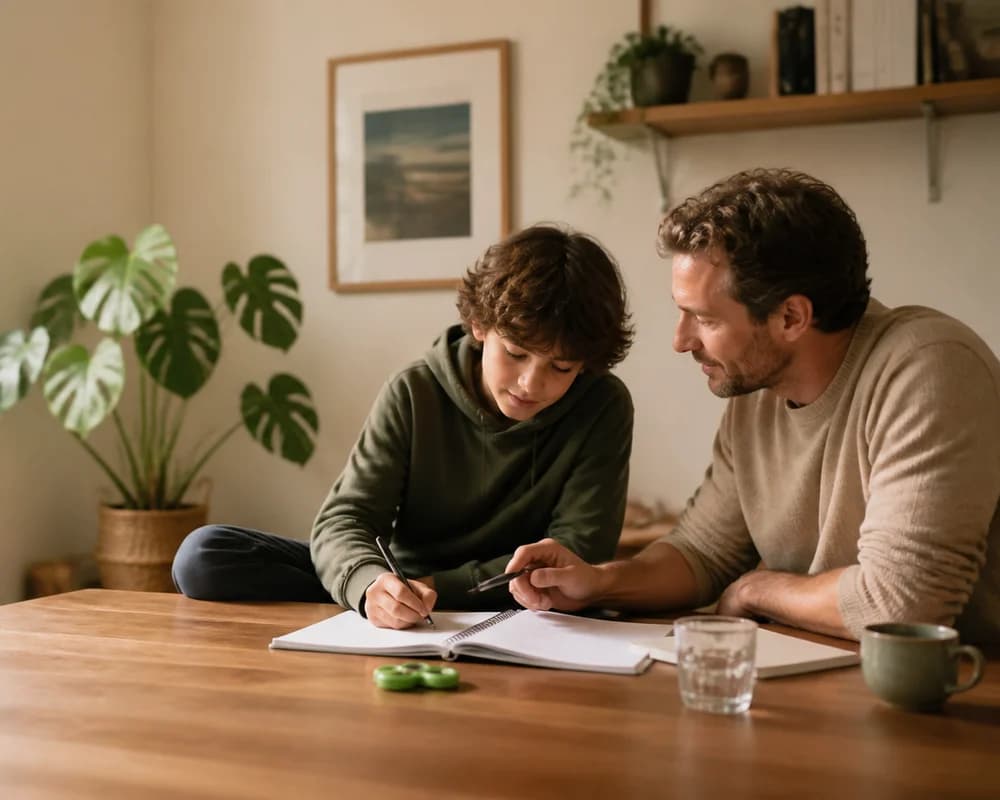 A tutor working alongside a student in a home learning space