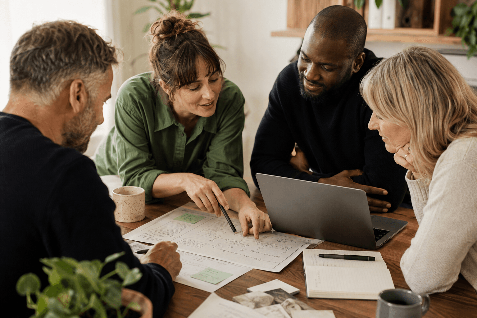 Colleagues working together around plans and a laptop