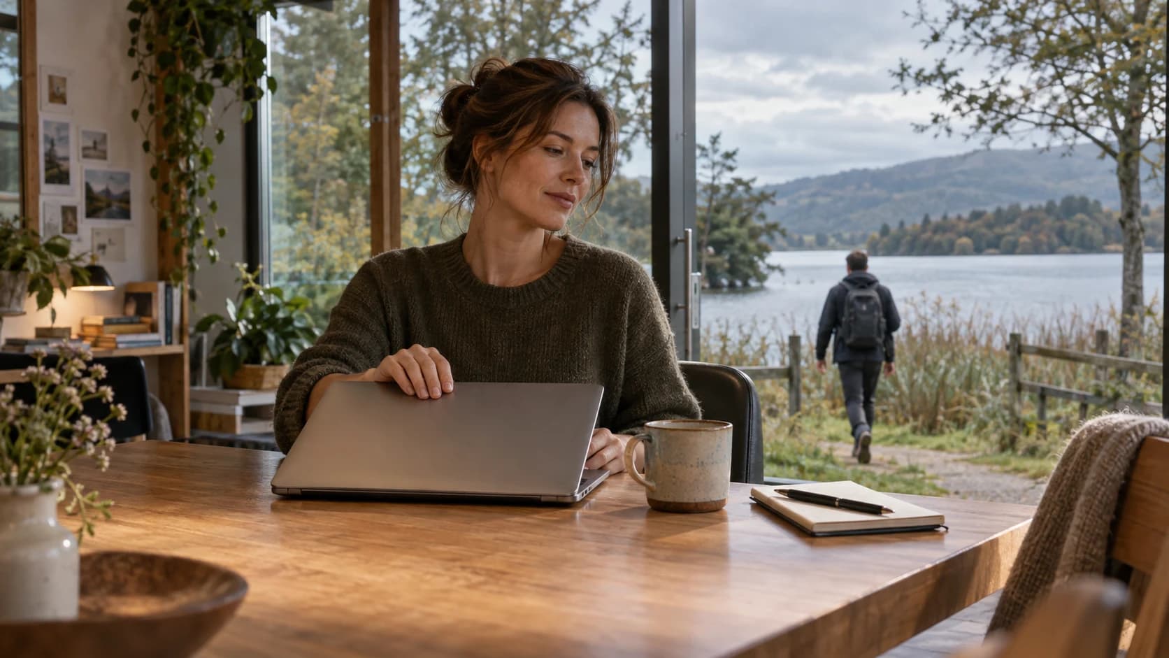 Illustrative AI-generated photograph of a woman closing her laptop beside a lake, making room for life beyond work