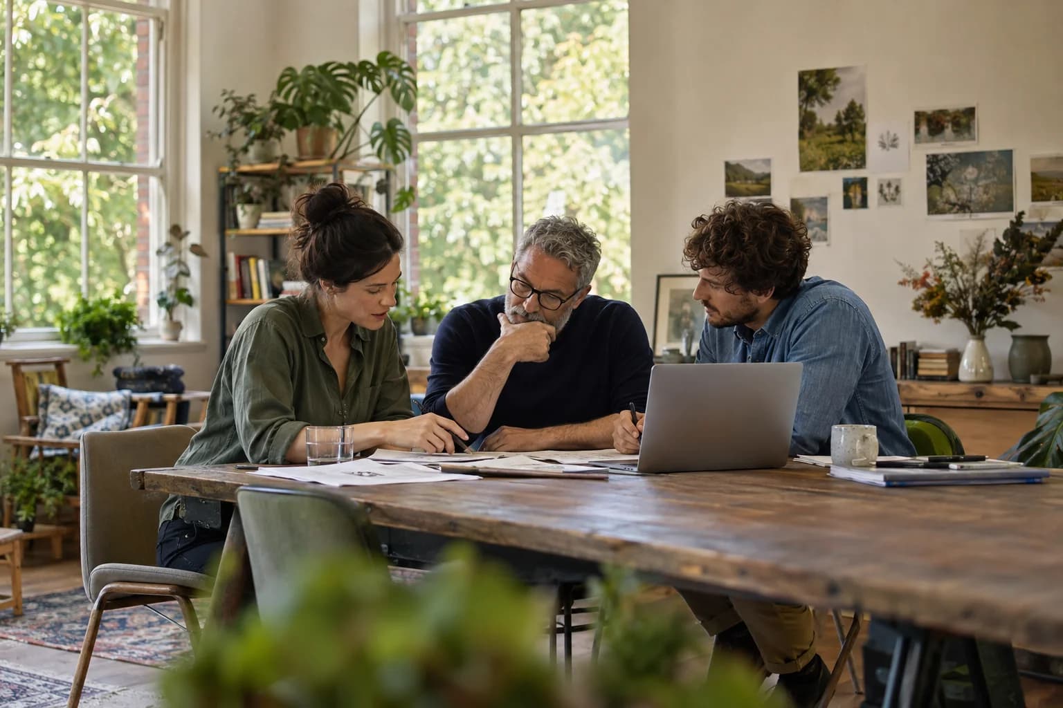 Photorealistic concept image of three colleagues sharing ideas around a table in a bright workspace