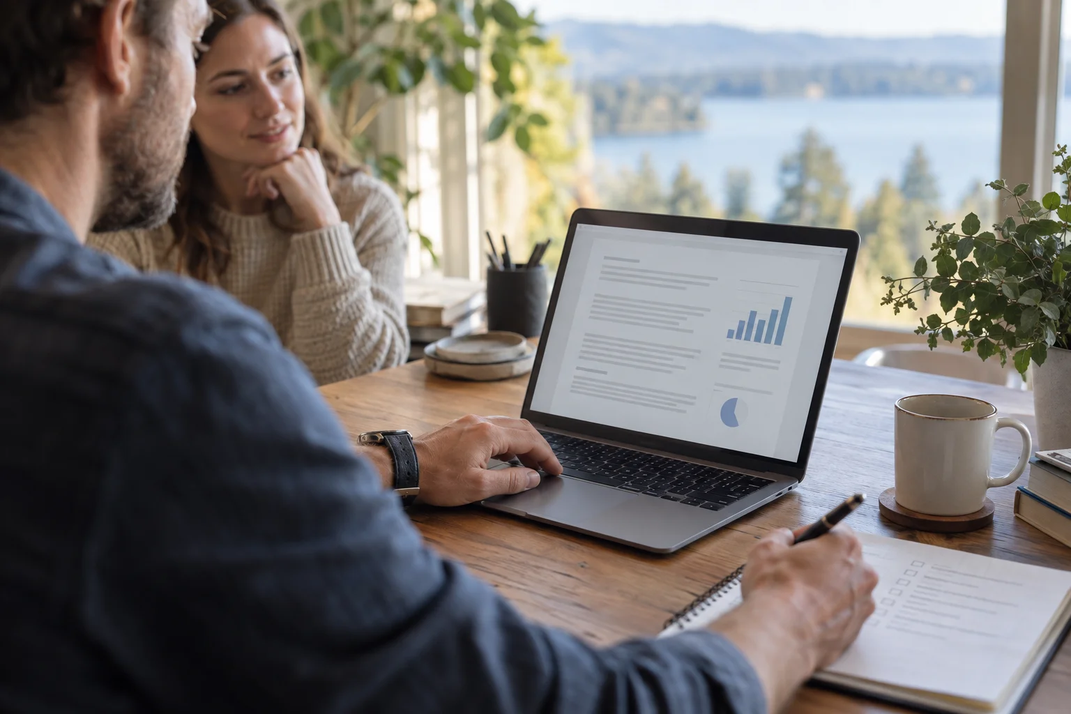 Photorealistic concept image of a professional reviewing a document with a colleague