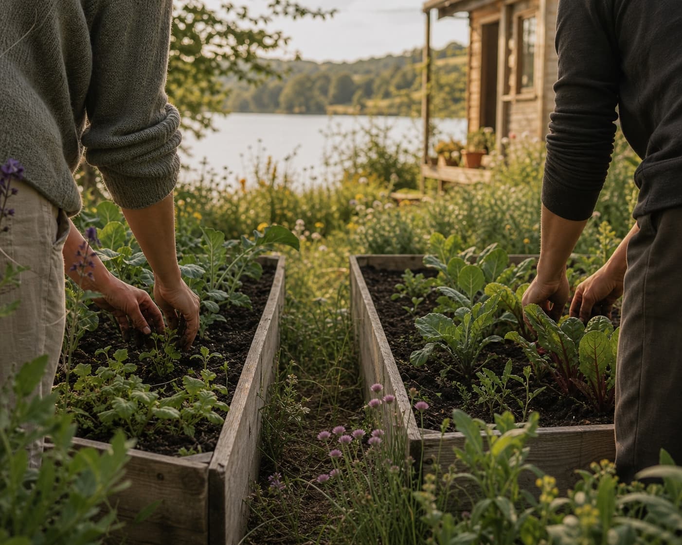 Two people tending separate garden beds beside a lake
