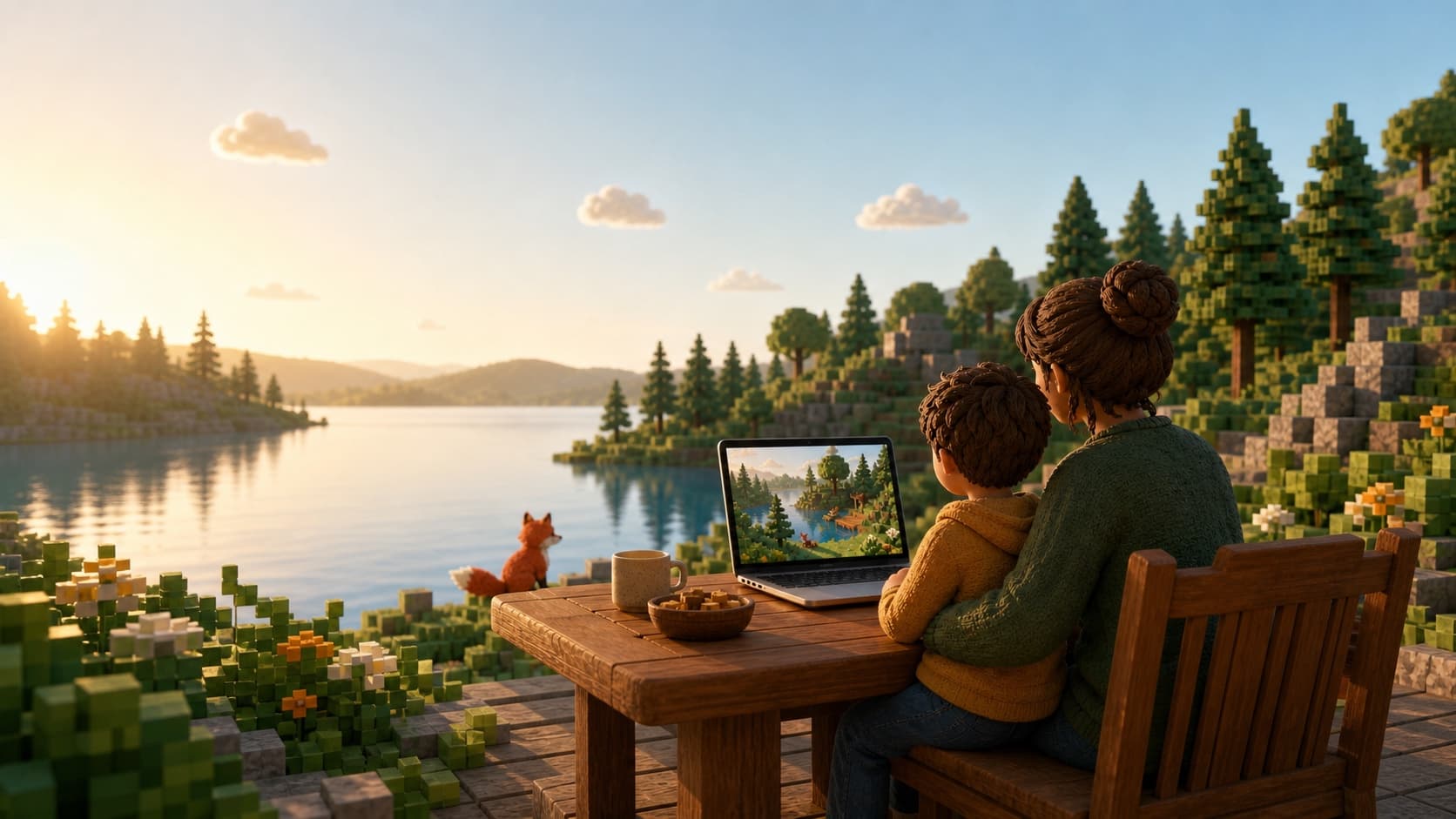 A family exploring a landscape together through Build My World