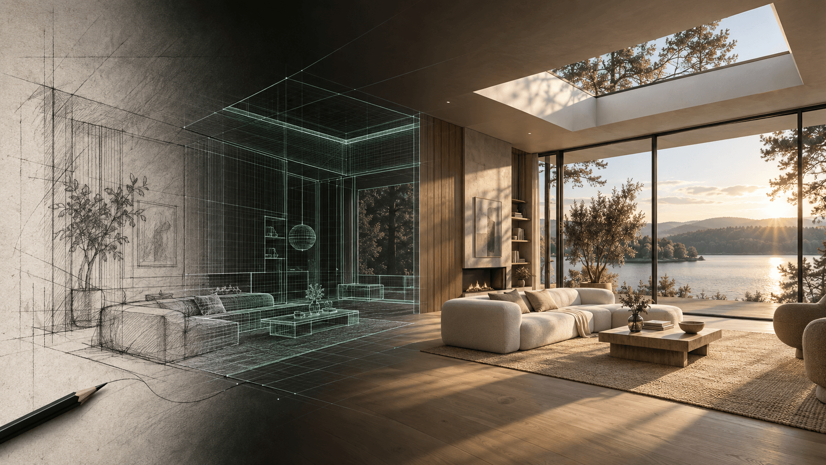 A pencil-drawn architectural concept transitions through mint wireframe into a sunlit living space overlooking a lake.