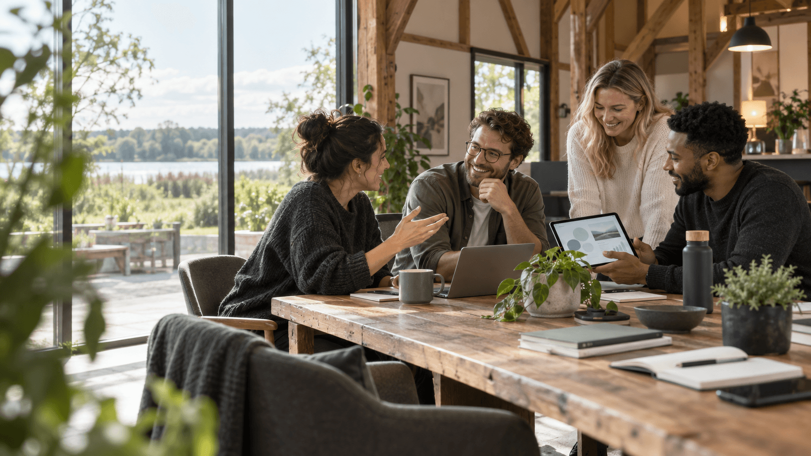 A team shares ideas around a table in a bright, welcoming studio. AI-generated recruitment illustration.